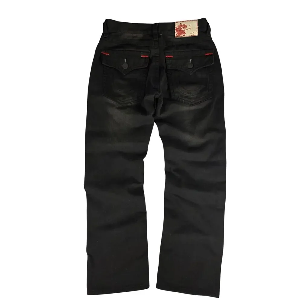 True Religion Ricky Super T Jeans 36x32 Wounded Fox Black Red Stitch USA
